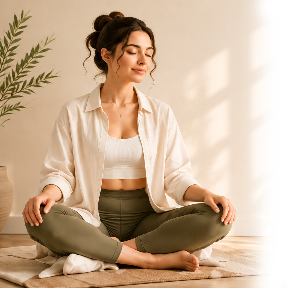 زن در حال مدیتیشن در فضایی آرام و روشن